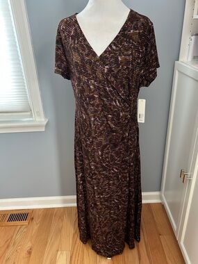 Soft Surroundings Caity Dress Size PXL Abstract Paisley Brown Faux Wrap Maxi NWT